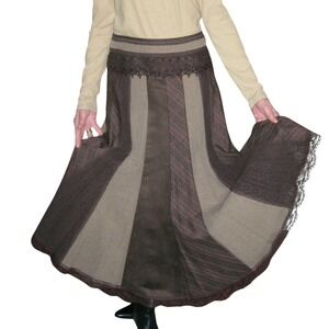 Nygard Lace Trim Midi Skirt‎ Striped Panelled Brown Beige Bohemian Prairiecore 8